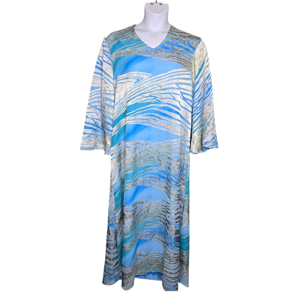 VINTAGE blue Mrs Roper abstract pattern long‎ caftan maxi dress XL